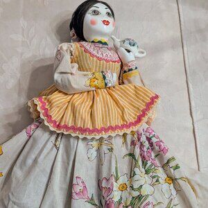 VTG Occupied Japan 15" Glass Porcelain Folk Art Japanese Doll w Teacup